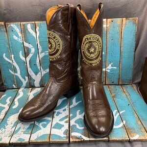 Nocona USA Brown Leather Texas State Seal Ft Worth Western Boots Size 9.5EE